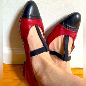 SOLD Vtg Chanel red leather Mary Jane ballet flats black cap toe & elastic t-bar